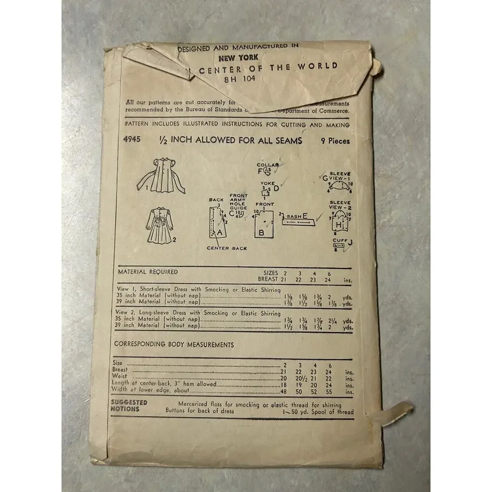 Vintage 1948 Advance Pattern #4945 Toddler Girls Smocked Dress Size‎ 4